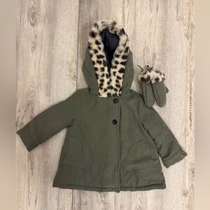 Tahari Olive Coat with Faux Fur Trim